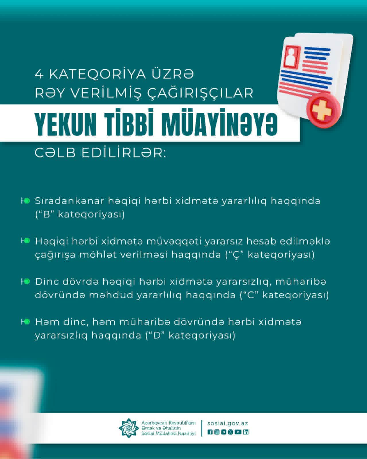 Çağırışçıların yekun tibbi müayinələri hansı kateqoriyalar üzrə aparılır?